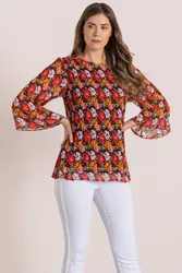 Floral Print Pleated Top - Black - Size: 14