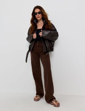 Jeans straight wide leg a vita alta - marrone