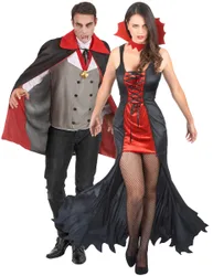 Todschickes Vampir-Pärchen Halloween-Paarkostüm für Erwachsene schwarz-rot-grau