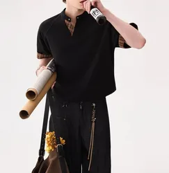 Summer Men's Retro Plaid Splicing Texture V-Neck T-Shirt Fashion Casual Half Sleeve Loose