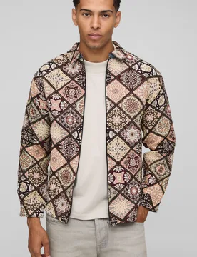 Mens Long Sleeve Zip Through Diamond Tapestry Overshirt - Beige - Size Small - boohooMAN - FashionsVida