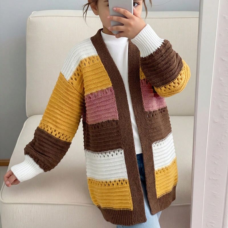 Cárdigan largo midi de punto calado con bloques de color y hombros caídos para niña joven, otoño invierno, blusa de manga larga, a juego para mam?