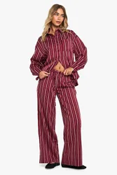 Womens Pinstripe Wide Leg Drawcord Waist Trousers - Red - Size 6 Uk