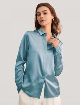 Camicia Seta Charmeuse Blu Foschia M - Elegante e Morbida, Maniche Lunghe, Vestibilità Regolare