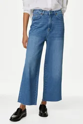 Womens High Waist Raw Hem Wide Leg Jeans - Blue Cotton - Size 18 Uk