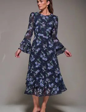 Women's Long Sleeve Chiffon Frill Midaxi Dress in Navy Size: 16 - Navy - Size: 16 - Jolie Moi - FashionsVida