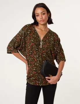 Printed Zip Front Top - M/L / KHAKI - female - Blue Vanilla - FashionsVida