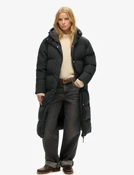 Superdry Damen Lang Geschnittener Steppmantel mit Kapuze Schwarz - Größe: 44 - 199.99 - FashionsVida