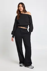 Womens Ribbed Waistband Straight Leg Jogger - Black Cotton - Size Small