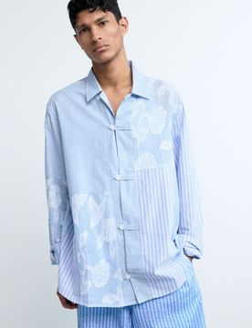 Chemise imprimée fleurs, , Coton, Bleu, S