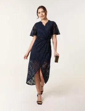 Lace Wrap Over Midi Dress - 12 / NAVY - female - Blue Vanilla - FashionsVida