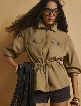 Womens Shacket Beige Drawstring Waist Long Sleeve - Size 10 Uk - River Island - FashionsVida