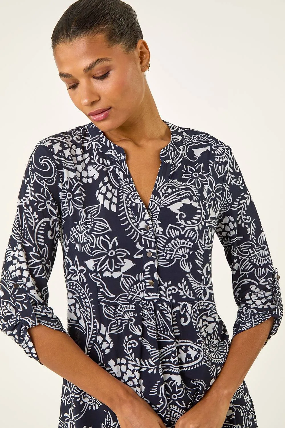 Abstract Print Buttoned Tunic Top - Navy - Size: 18 - Roman - FashionsVida