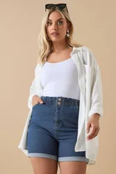 Elasticated Waist Turn Up Denim Shorts - Mid Blue - Size: 34-36