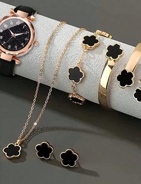 Conjunto de 7 piezas con reloj digital de cuarzo con cielo estrellado negro y set de 6 piezas de joyería con collar, pulsera, anillo y aretes con flo
