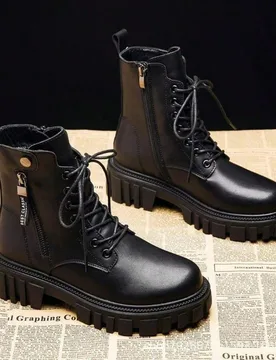Zapatos de moto con cremallera y suela gruesa para mujer, estilo británico para primavera/otoño - Shein - FashionsVida