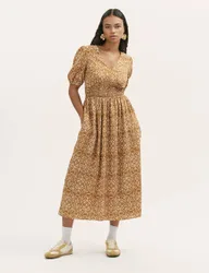 Printed V-Neck Midi Smock Dress Brown Mix female