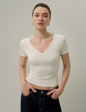 T-shirt Col V Jersey Silk Breeze Ajusté Blanc S