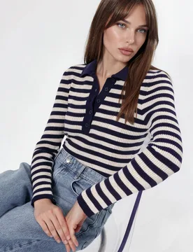 Womens Striped Crew Neck Sweater With Button Detail - Navy - Size X-Large - Hiccup - FashionsVida