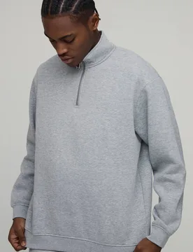 Men's Essential Oversized Quarter Zip Funnel Neck Sweatshirt Grey Marl Size Large Grey Marl L - boohooMAN - FashionsVida