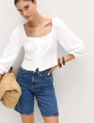 Linen Rich Puff Sleeve Top White female