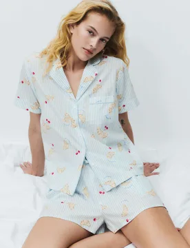 Pure Cotton Printed Shortie Set Light Blue Mix female - M&S - FashionsVida