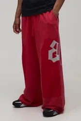 Mens Extreme Wide Leg Embellished Washed Loopback Jogger - Red Cotton - Size X-Small