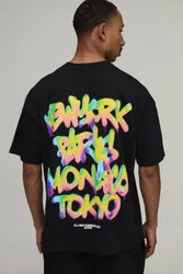 Mens Black Oversized Location Graffiti Print T-Shirt Cotton - Size Medium