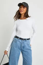 Womens Basic Long Sleeve Fitted Longline Top - White Cotton - Size 12 Uk