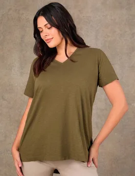 Jersey V-Neck Longline T-Shirt Khaki female - Live Unlimited London - FashionsVida