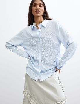Camisa rayas larga, Mujer, Viscosa, Azul, XS