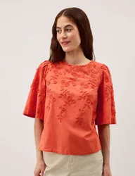 Pure Cotton Floral Embroidered Top Orange female