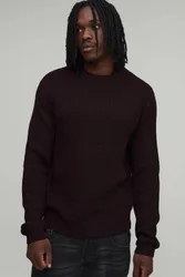 Herren Großer Normal Geschnittener Gerippter Strickpullover Plum Größe Medium