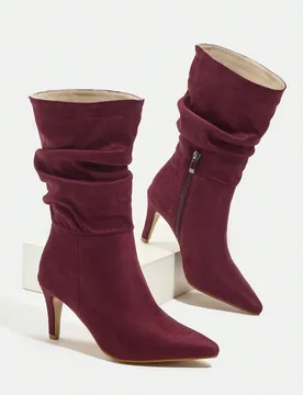 Botas de mujer de tacón alto delgado, puntiagudas, con cremallera lateral de gamuza, plisadas, de color rojo vino clásico, para otoño/invierno - Shein - FashionsVida