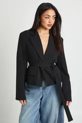 Womens Tie Waist Boxy Blazer - Black - Size 8 Uk