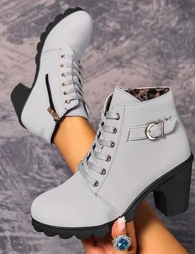 Nuevos Botines Elegantes para Mujer con Diseño de Cordones Frontales, Cremallera Lateral, Tacón Grueso, de Moda para Otoño/Invierno, Ajuste Estrech - Shein - FashionsVida