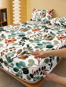 Juego de sábanas ajustadas de unicolor con patrón de hojas botánicas 2/3 piezas (1 sábana ajustada + 1/2 fundas de almohada), protector de colchó - Shein - FashionsVida