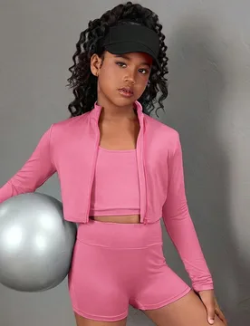 Conjunto deportivo de 3 piezas para niña preadolescente con camiseta de manga larga con cuello y cremallera, chaleco y leggings - Shein - FashionsVida