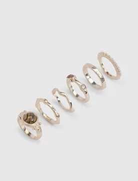Womens Stone Detail Rings 6 Pack - Gold - Size Medium/large - Boohoo - FashionsVida