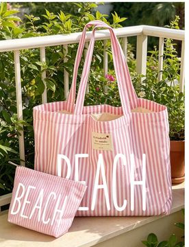 Bolso Tote de Lona a Rayas Rosa & Blanco Vintage, Patrón con Tema 'Playa', Bolso de Playa a Rayas de Gran Capacidad para Mujer, Bolso de Hombro de Mo
