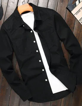 Camisa de trabajo de algodón con botones y dos bolsillos, de manga larga y color negro, sin camiseta, para salir, reunirse, ir a la ciudad o al coleg - Shein - FashionsVida