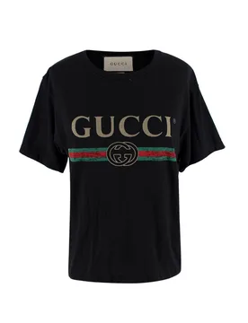 Black Washed Logo Distressed T-Shirt - Gucci - FashionsVida