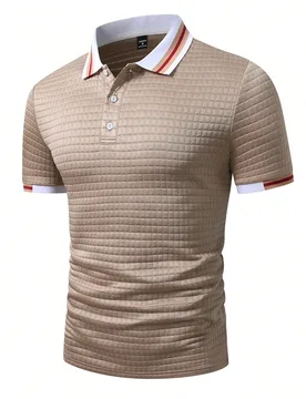 Camisa polo de punto jacquard de unicolor con textura y cuello acanalado de 3 botones para hombre, formal - Shein - FashionsVida