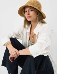 Straw Beaded Flower Bucket Hat Natural female