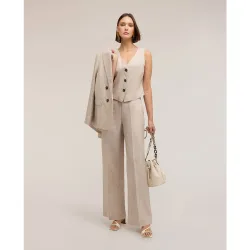 Pantalones de mujer palazzo de lino ajuste ancho cierre frontal con botón y cremallera
