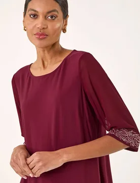Women's Embellished Cuff Chiffon Top in Wine Size: 18 - Wine - Size: 18 - Roman - FashionsVida