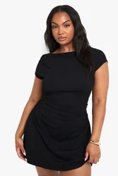 Womens Plus Rib Cap Sleeve Ruched Mini Dress - Black - Size 16 Uk