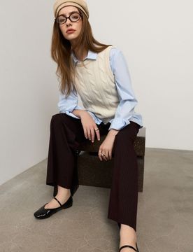 Pantaloni wide leg a righe con misto viscosa - viola scuro