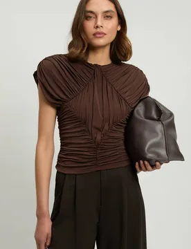 Women's Premium Ruched Jersey Cut Out Back Top in Chocolate Size: Large - Chocolate - Size: L - Karen millen - FashionsVida