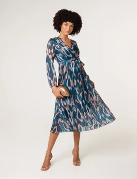 Crossover Metallic Pleated Dress - L / TEAL - female - Blue Vanilla - FashionsVida